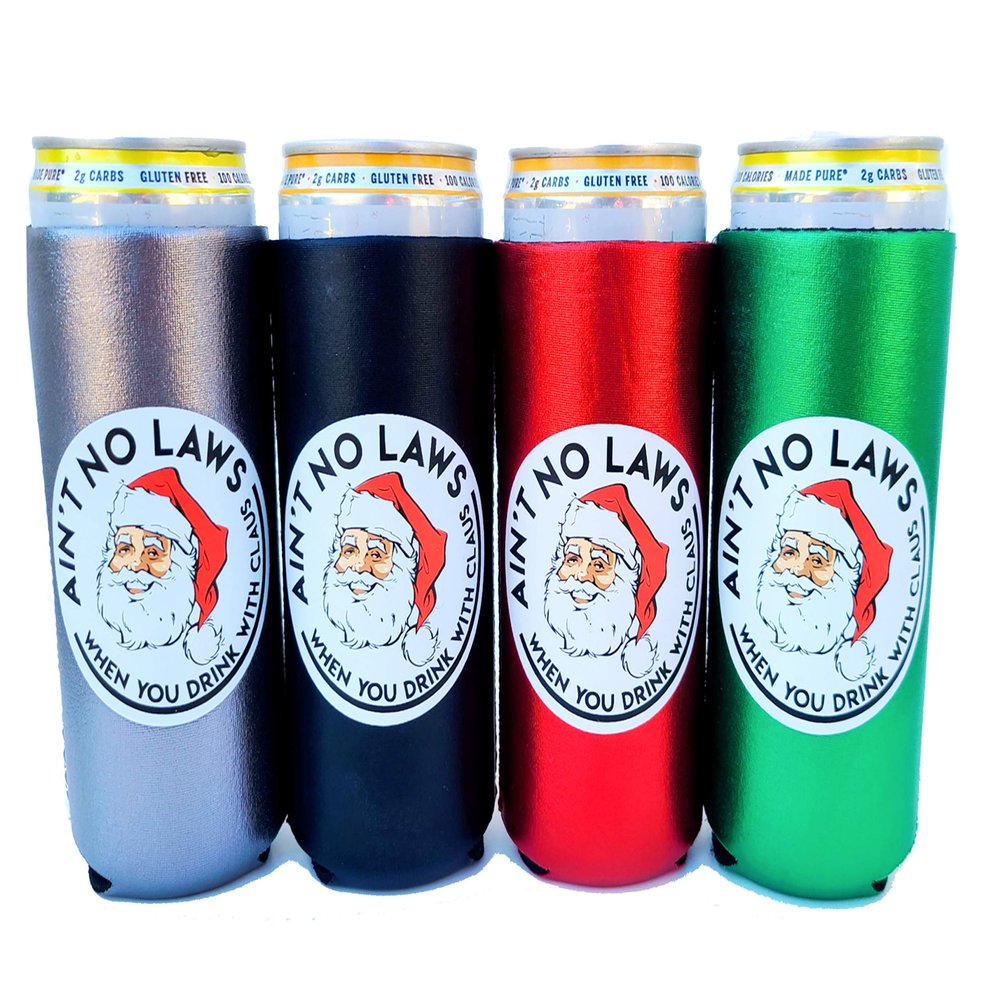 4 Pack | Holiday Ain't No Laws Slim Can Neoprene Cooler| Perfect for 12oz Slim Can White Claws (Holiday- Red/Green/Black/Silver)