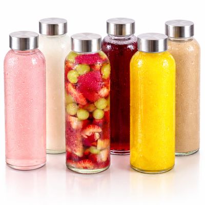 Brieftons Borosilicate Glass Water Bottles 18 Oz, 6 Pack, Dishwasher Safe, Leakproof Stainless Steel Lids, Clear Glass Bottles with Lids for Juice, Smoothies, Kombucha, Reusable Beverage Containers