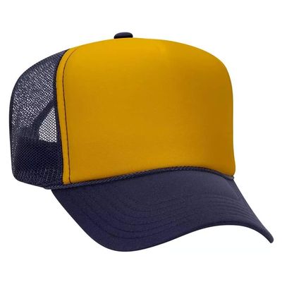 Ashen Fane Polyester Foam Front 5 Panel High Crown Mesh Back Trucker Hat, NVY Gld NVY