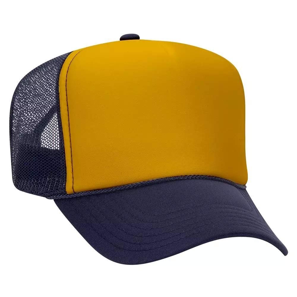 Ashen Fane Polyester Foam Front 5 Panel High Crown Mesh Back Trucker Hat, NVY Gld NVY