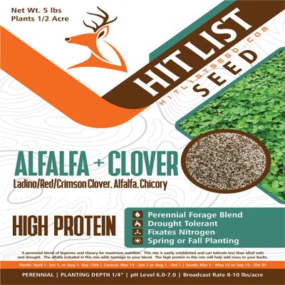 HIT LIST SEED Alfalfa + Clover Food Plot Seeds for Deer [Perennial] - Food Plot Seed Perennial - Deer Plot Seed Mix - Ladino/Red/Crimson Clover, Alfalfa, Chicory - Spring & Fall Planting - 5 lbs