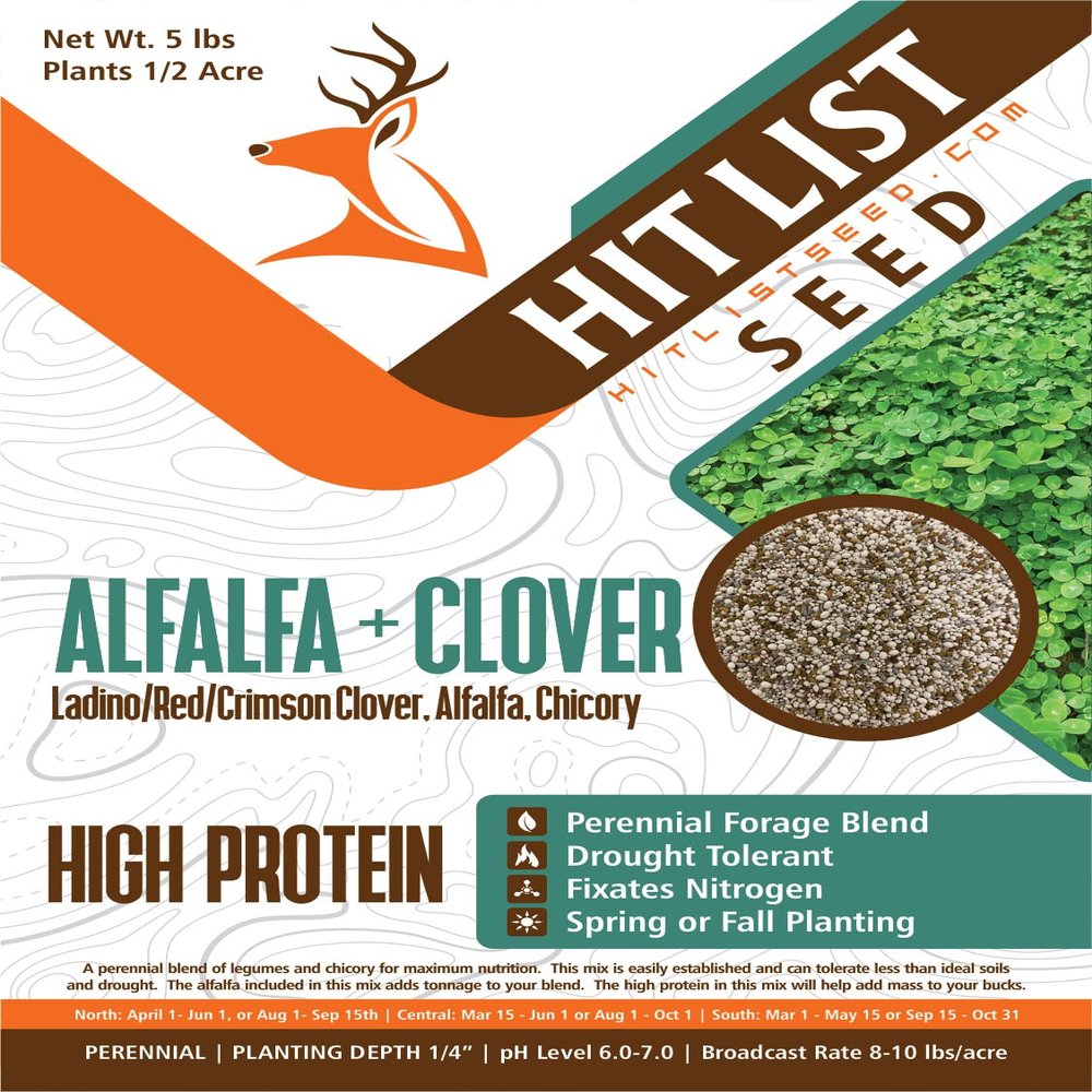 HIT LIST SEED Alfalfa + Clover Food Plot Seeds for Deer [Perennial] - Food Plot Seed Perennial - Deer Plot Seed Mix - Ladino/Red/Crimson Clover, Alfalfa, Chicory - Spring & Fall Planting - 5 lbs