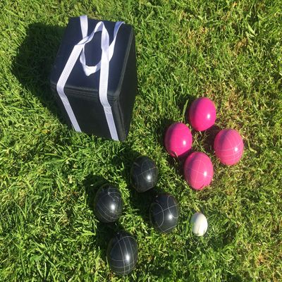 BuyBocceBalls Listing - Unique Bocce Set - 107mm with Black and Pink Balls, Black Bag