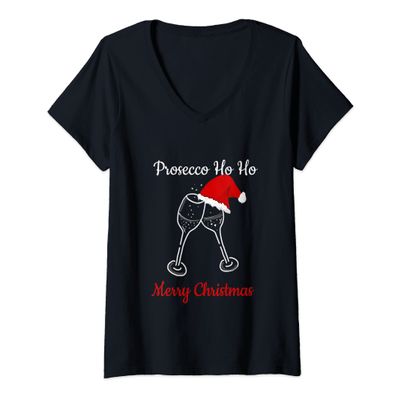 Womens Prosecco Ho Ho Christmas Party Santa Hat V-Neck T-Shirt