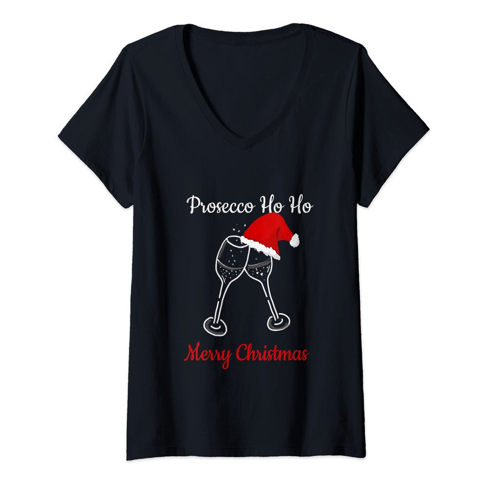 Womens Prosecco Ho Ho Christmas Party Santa Hat V-Neck T-Shirt