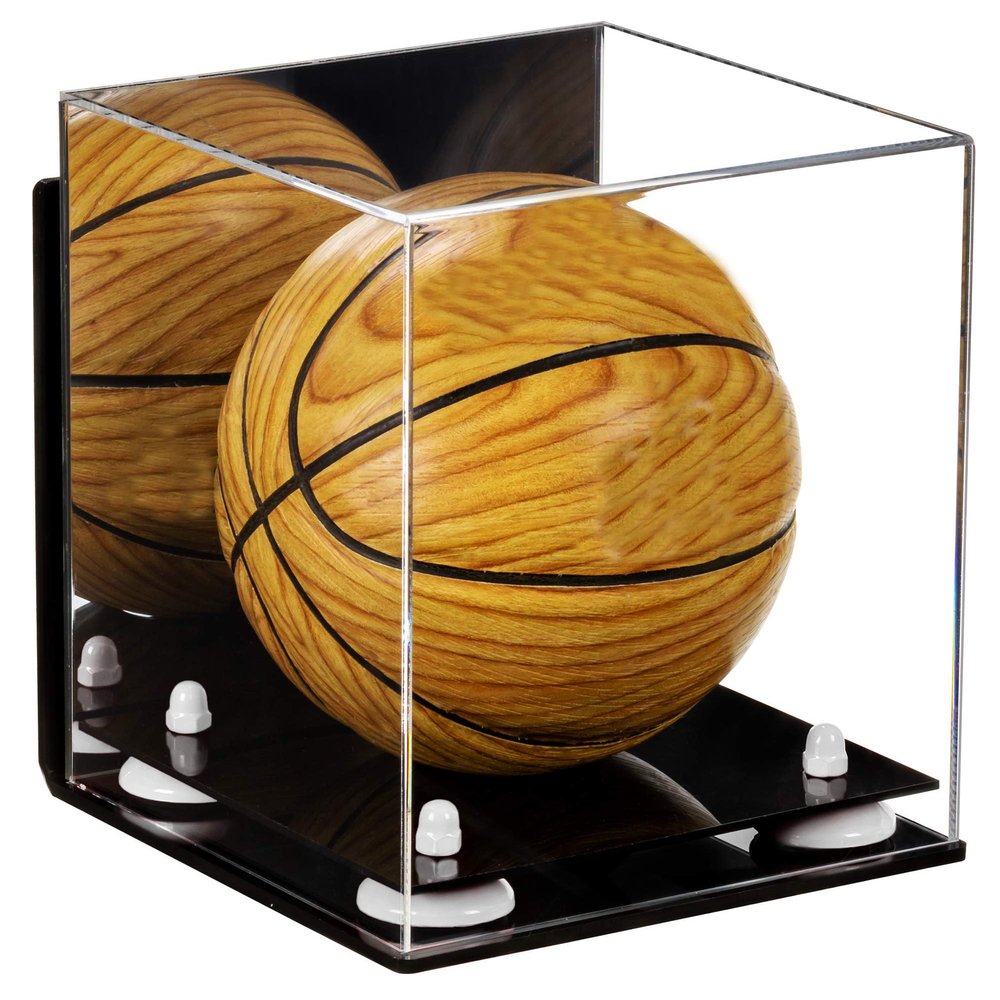 Better Display Cases Acrylic Mini - Miniature (not Full Size) Basketball Display Case with Mirror, White Risers, Wall Mount and Black Base (B03)