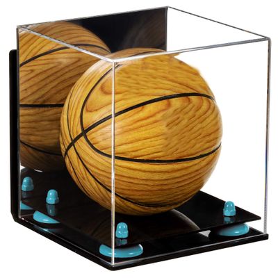 Better Display Cases Acrylic Mini - Miniature (not Full Size) Basketball Display Case with Mirror, Light Blue Risers, Wall Mount and Black Base (B03)