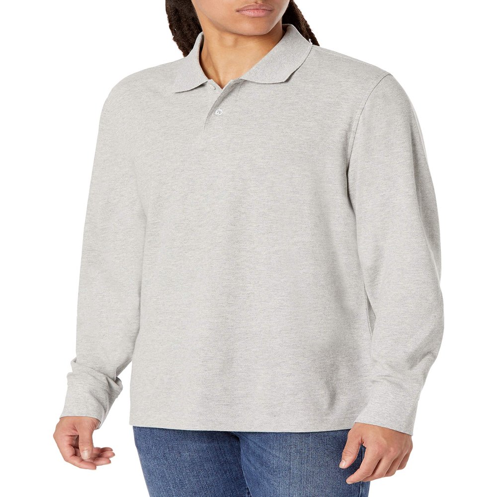 Amazon Essentials Men's Regular-Fit Long-Sleeve Pique Polo, Light Grey Heather, Small