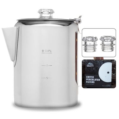 COLETTI Bozeman Coffee Pot Bundle | Coffee Percolator + 100 Filters + Replacement Glass Tops