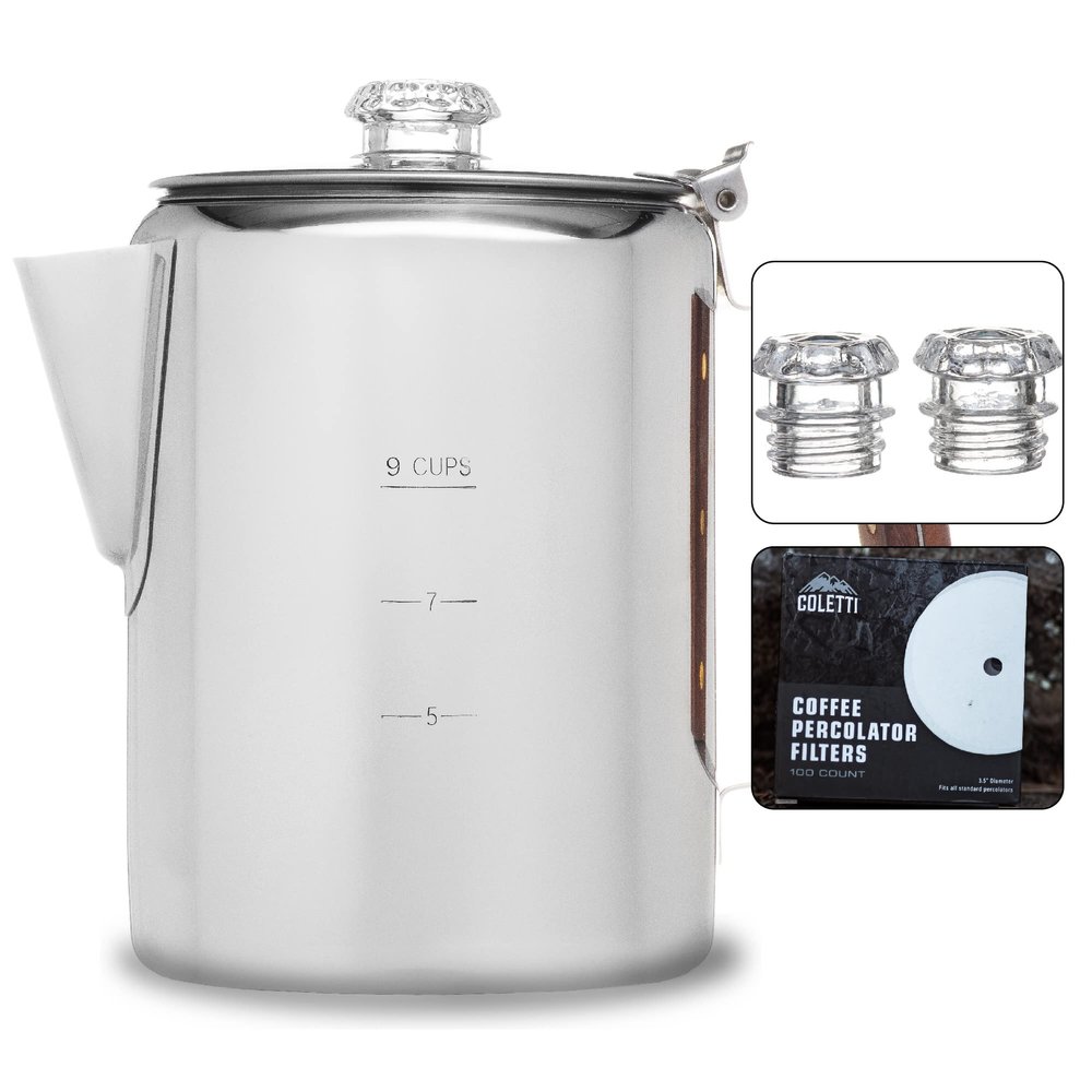 COLETTI Bozeman Coffee Pot Bundle | Coffee Percolator + 100 Filters + Replacement Glass Tops