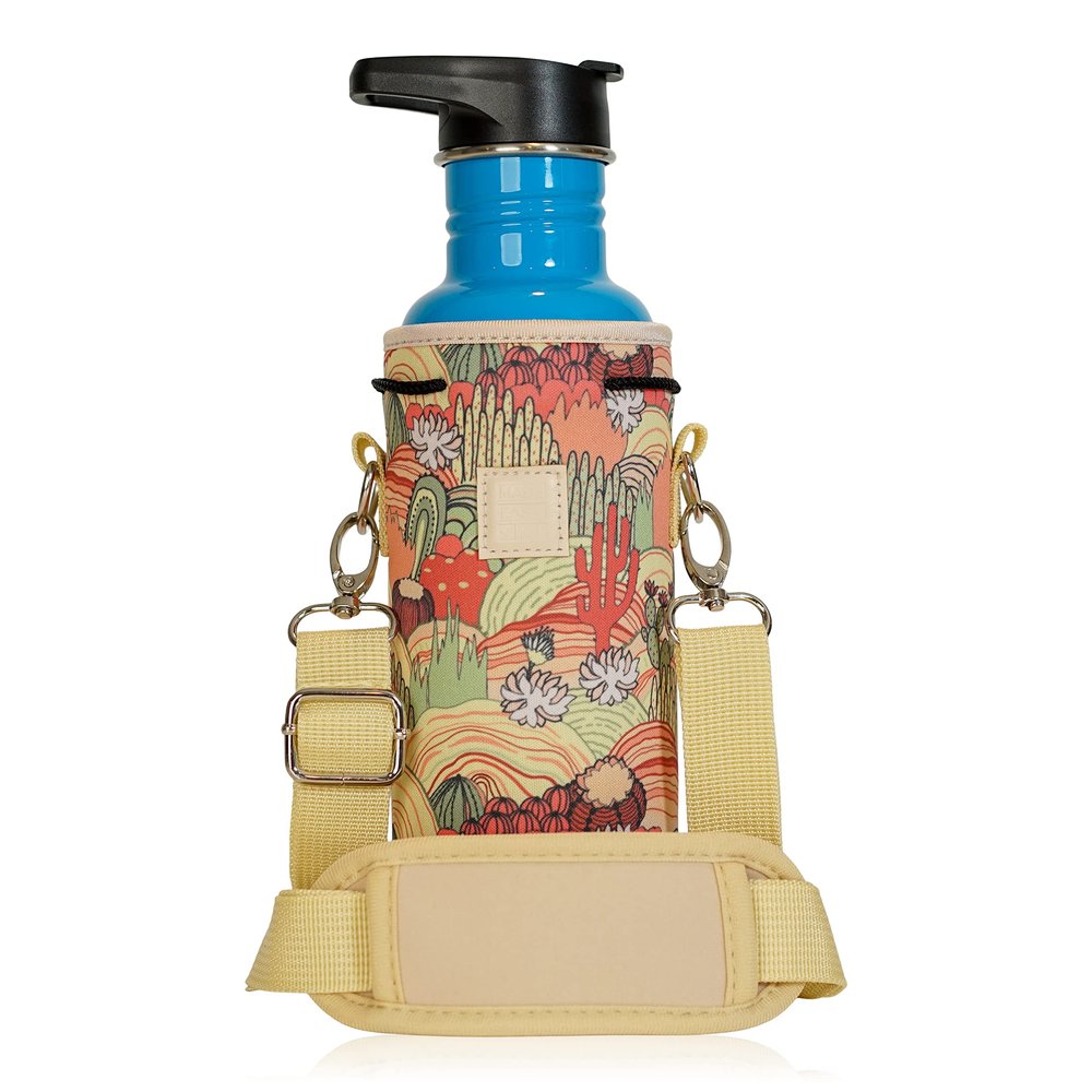 Made Easy Kit Neoprene Water Bottle Carrier Holder with Adjustable Shoulder Strap for Insulating & Carrying Water Container Canteen Flask Available in 5 Sizes (Desert Khaki Cactus, M (16oz-22oz))