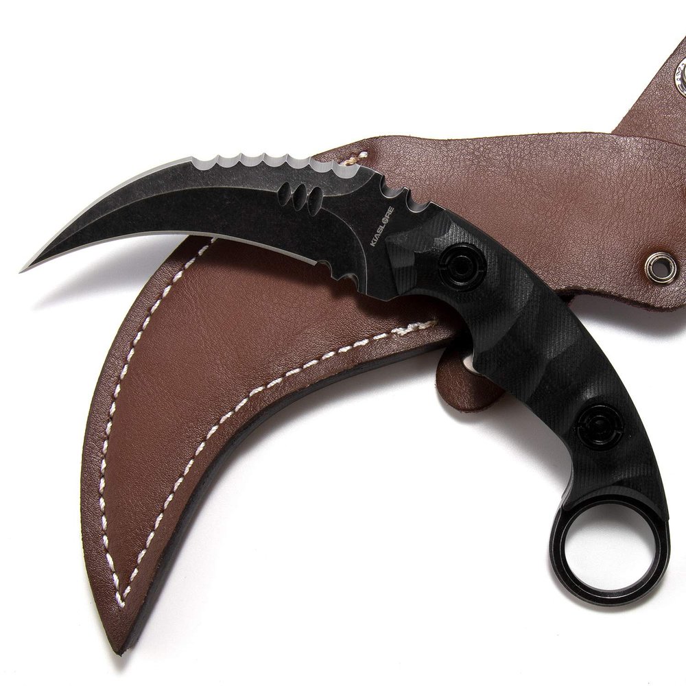 KIASLORE Camping EDC Tools Outdoor Survival Claw Tactical Teeth Knife Double Edged Sharp Fixed Blade Karambit Back Serrated Edge Blade G10 Handle with Sheath (Black Stonewashed - Leather Sheath)