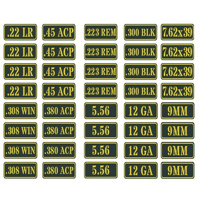 Aolamegs Ammo Can Vinyl Sticker Set Decal Label 9MM 5.56 7.62 12GA .22 .223 .308 .300 .380 .45 (40 Pack/10 Varieties)