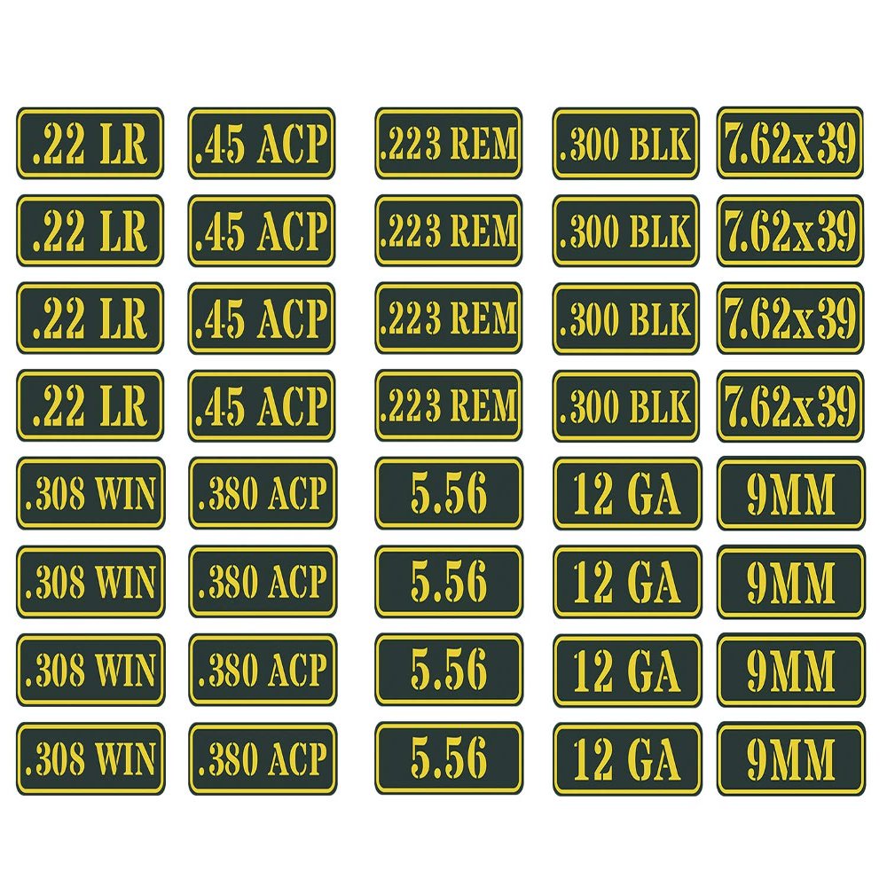 Aolamegs Ammo Can Vinyl Sticker Set Decal Label 9MM 5.56 7.62 12GA .22 .223 .308 .300 .380 .45 (40 Pack/10 Varieties)