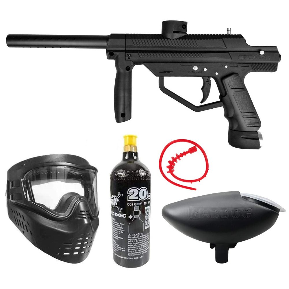 Maddog JT Stealth Paintball Gun Marker and Accessory Starter Package [CO2] | Bronze Kit - Marker, 20oz CO2 Tank, Mask, Hopper
