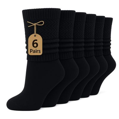 AWS/American Made 6 Pairs Cotton Slouch Knee Socks Shoe Size 5 to 10 (Black)