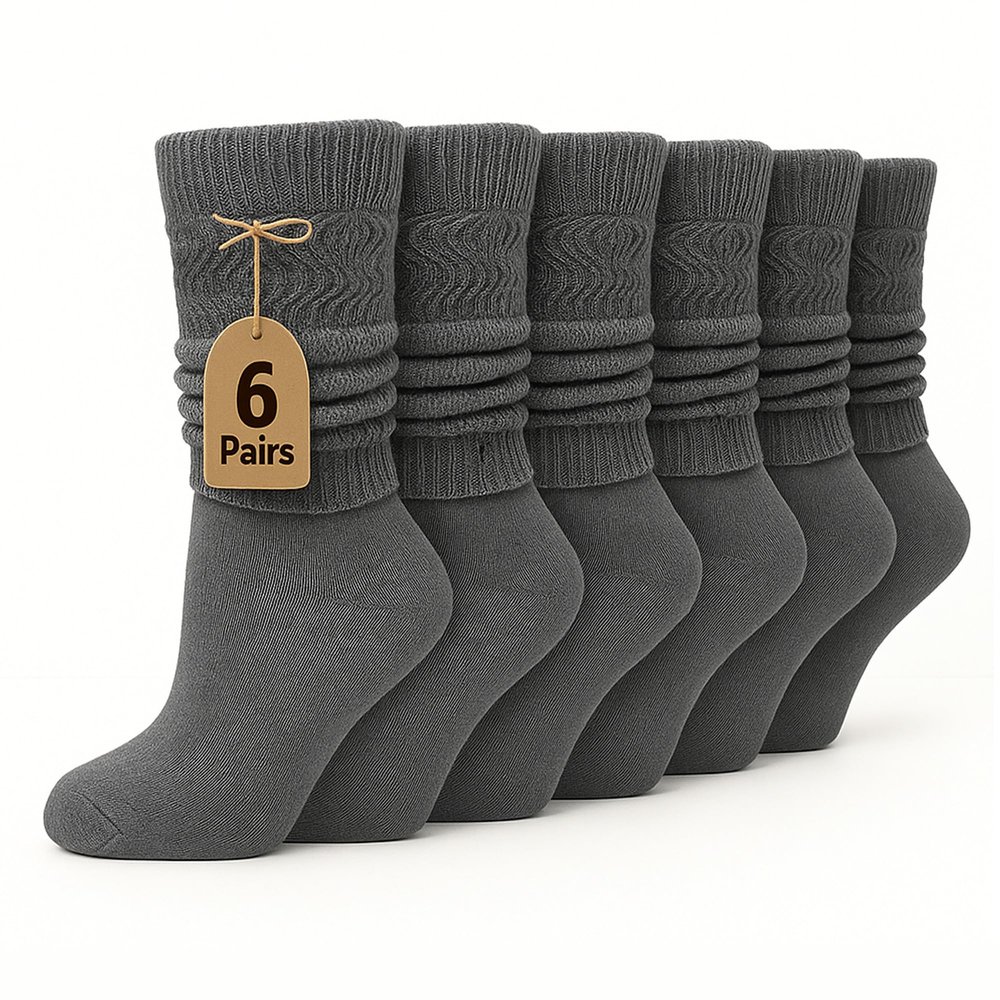 AWS/American Made 6 Pairs Cotton Slouch Knee Socks Shoe Size 5 to 10 (Gray)