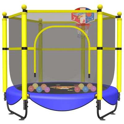 60" Trampoline for Kids, 5 FT Toddler Baby Trampoline with Safety Enclosure Net, Indoor or Outdoor Blue Small Trampolines with Basketball Hoop, Birthday Gifts for Kids, Gifts for Boy Age 3-8