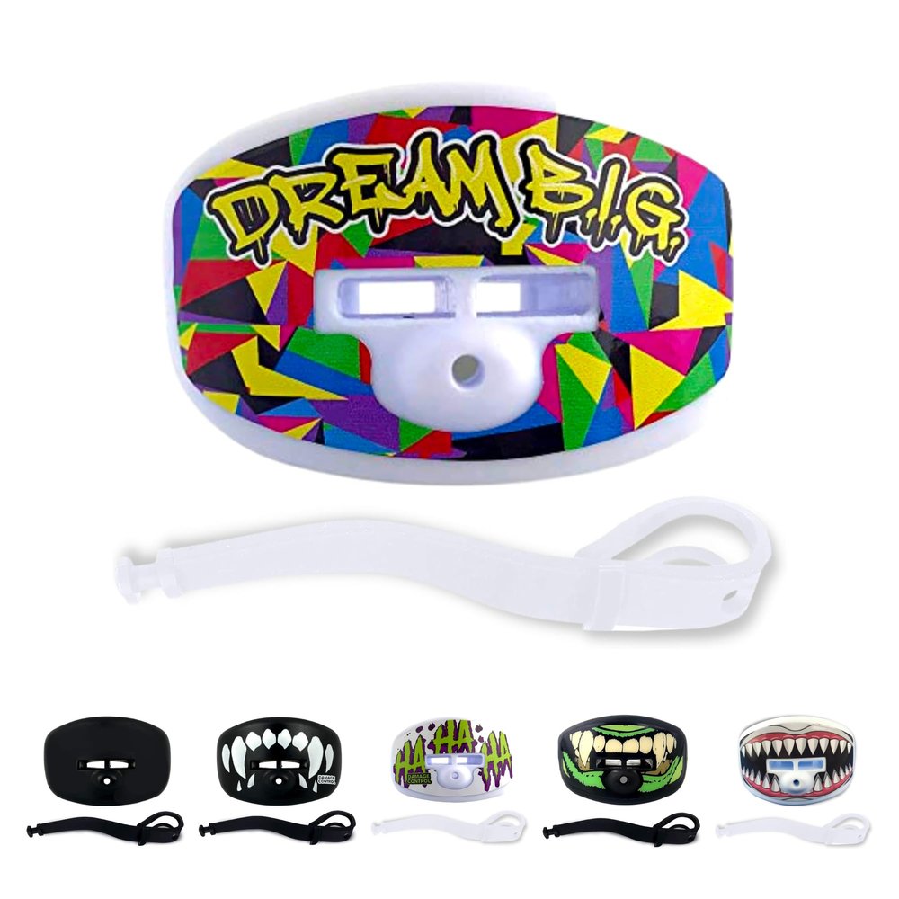 DAMAGE CONTROL Pacifier Mouthpiece  Football Mouthguard with Helmet Strap, Protects Teeth, Jaw & Mouth  Mouth Piece for Sports, No Boiling, Allows Airflow  Gear for Adults & Youth (Dream Big)