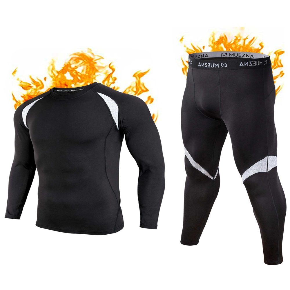 Muezna Men's Thermal Top and Bottom Set Underwear Long Johns Base Layer with Soft Fleece Lined Black