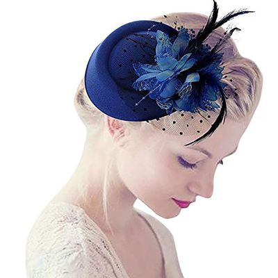 Acenail Fascinators Hats Women Flower Feather Church Pillbox Hat Vintage Funeral Dress Hats 50s Fancy Hats for Tea Party (US, Alpha, One Size, Medium, Blue)