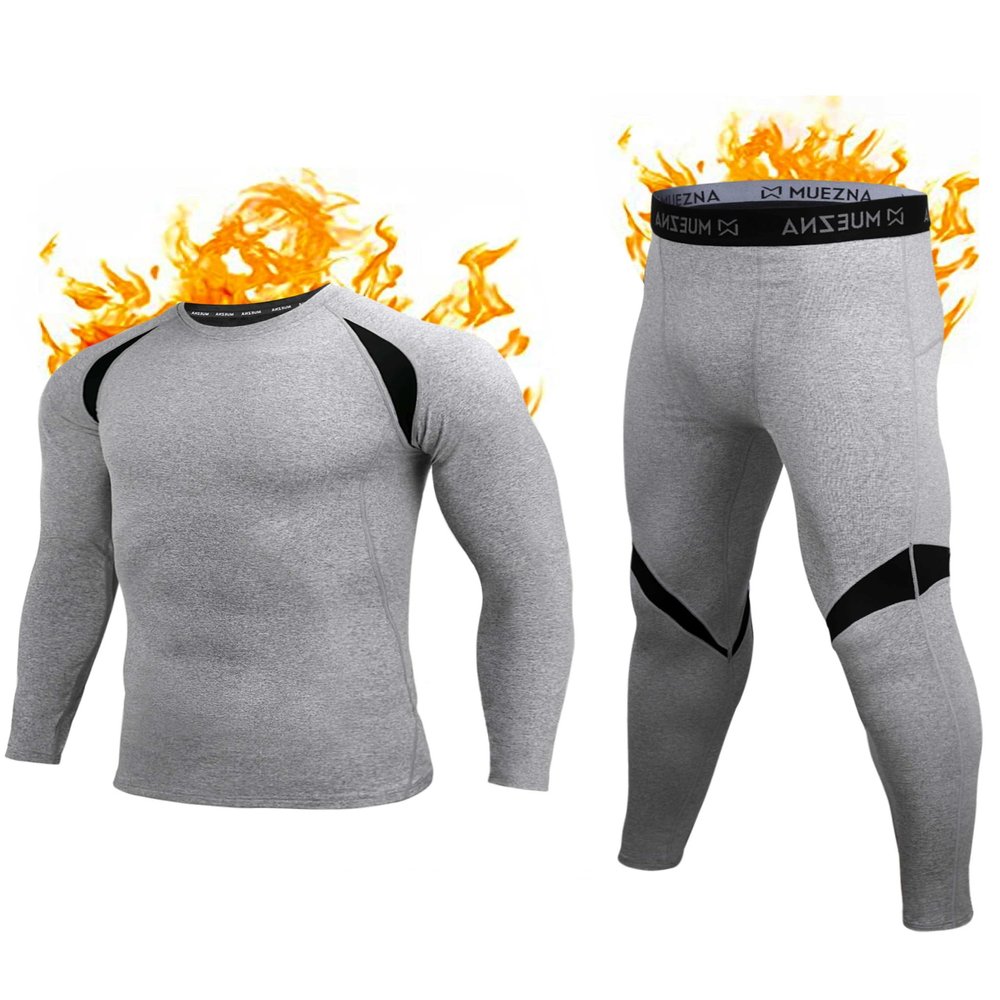 Muezna Men's Thermal Top and Bottom Set Underwear Long Johns Base Layer with Soft Fleece Lined Grey