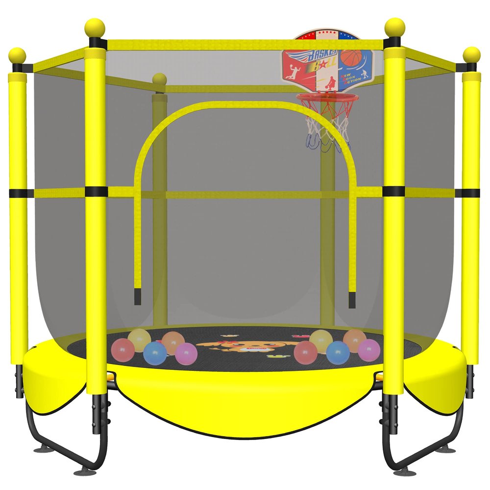 60" Trampoline for Kids, 5 FT Toddler Baby Trampoline with Safety Enclosure Net, Indoor or Outdoor Yellow Small Trampolines with Basketball Hoop, Birthday Gifts for Kids, Gifts for Boy Age 3-8