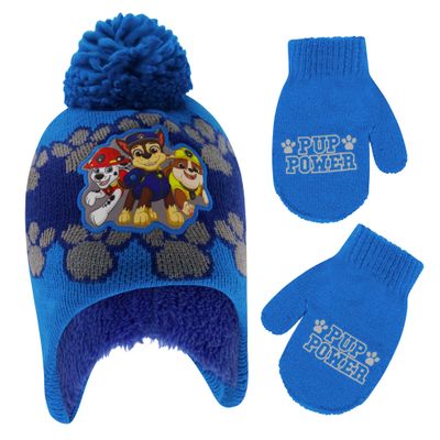 Nickelodeon Boys Winter Hat Set, Paw Patrol's Marshall, Chase and Rubble Toddler Beanie and Mittens for Kids Age 2-4, Dark Blue