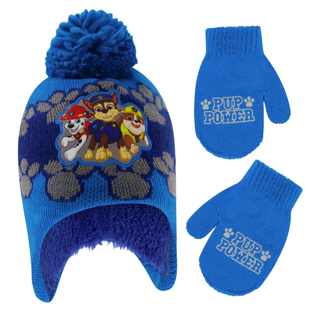 Nickelodeon Boys Winter Hat Set, Paw Patrol's Marshall, Chase and Rubble Toddler Beanie and Mittens for Kids Age 2-4, Dark Blue