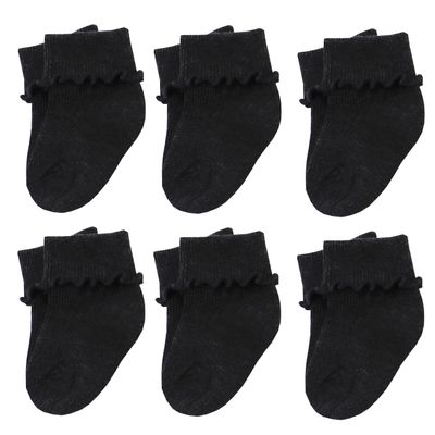 Xiyadun 6 Pairs Infant Baby Turn Cuff Ruffle Edge Ankle Black Socks Girls(3-9 Months, Ruffle Black)