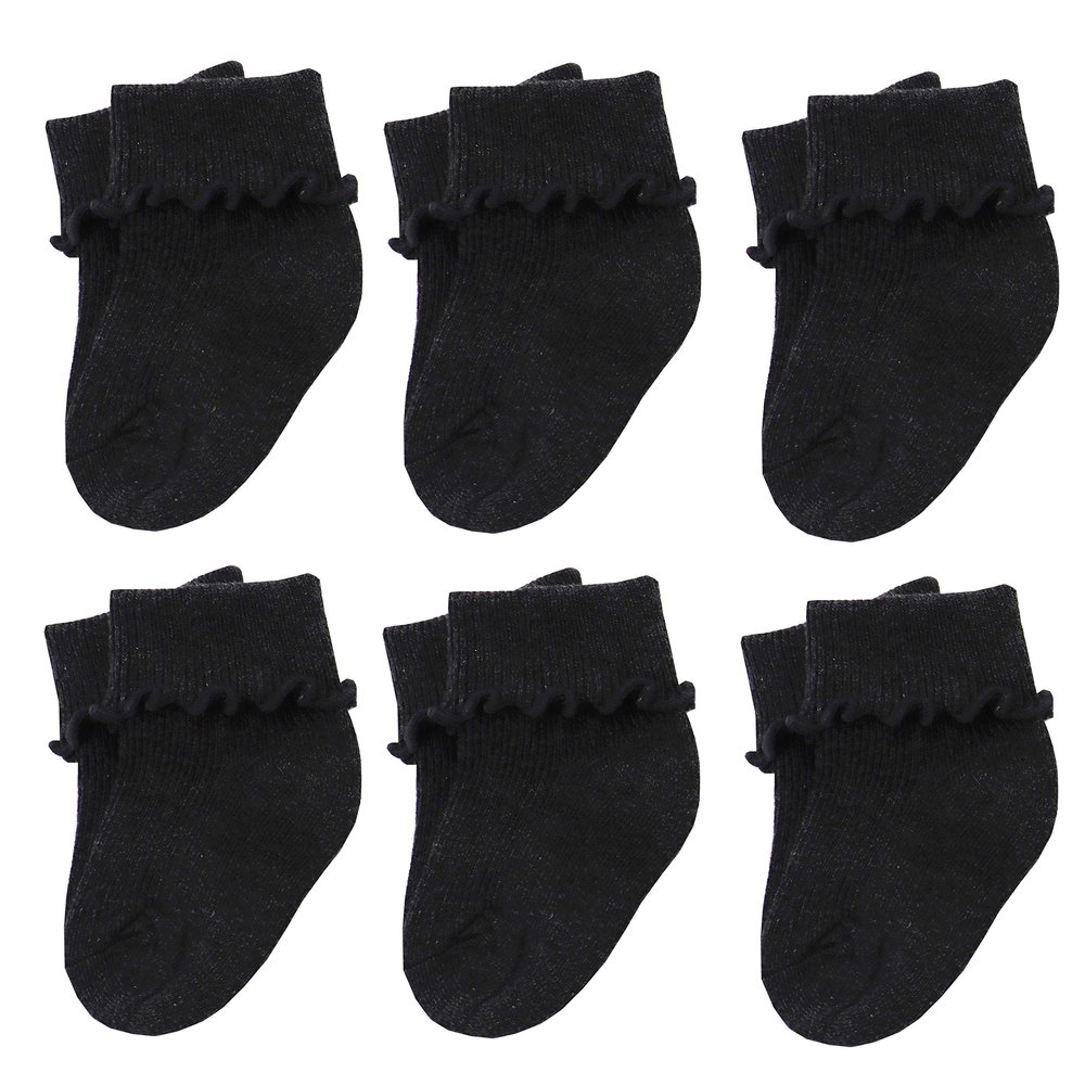 Xiyadun 6 Pairs Infant Baby Turn Cuff Ruffle Edge Ankle Black Socks Girls(3-9 Months, Ruffle Black)