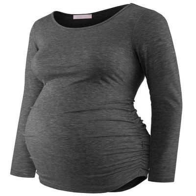 Maternity Shirt Long Sleeve Basic Top Ruch Sides Bodycon Tshirt for Pregnant Women Charcoal Gray M