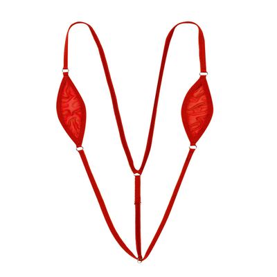 TSSOE Women One-piece Sheer Sling Shot Lingerie Y-back Mini Micro Thong Bikini Swimsuit Red One Size