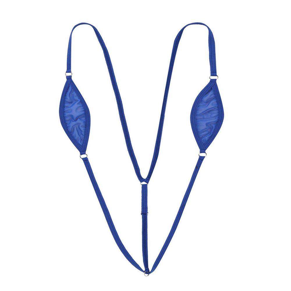 TSSOE Women One-piece Sheer Sling Shot Lingerie Y-back Mini Micro Thong Bikini Swimsuit Royal Blue One Size