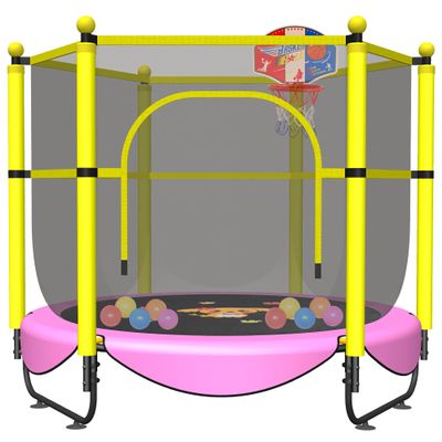 60" Trampoline for Kids, 5 FT Toddler Baby Trampoline with Safety Enclosure Net, Indoor or Outdoor Pink Small Trampolines with Basketball Hoop, Birthday Gifts for Kids, Gifts for Girl