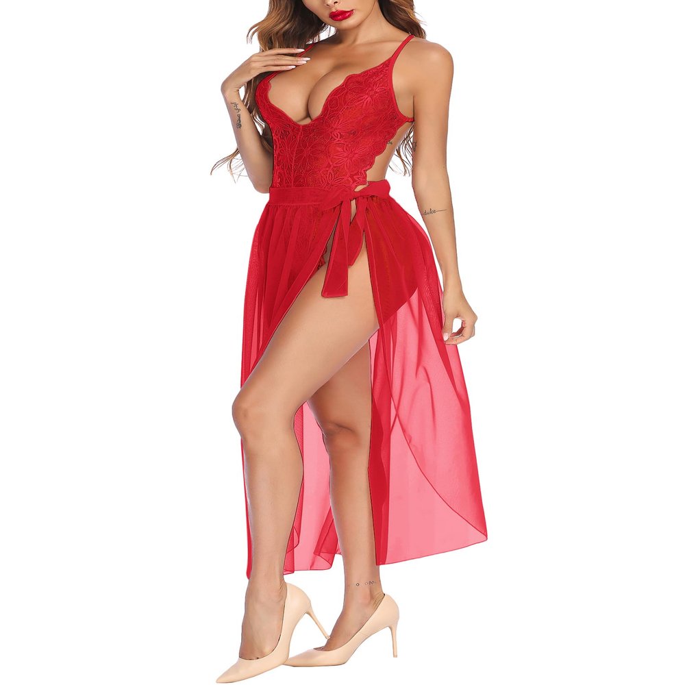 Avidlove Women One Piece Lingerie Deep V Lace Bodysuit Mosaic Lace Teddy Mesh Skirt Red Large