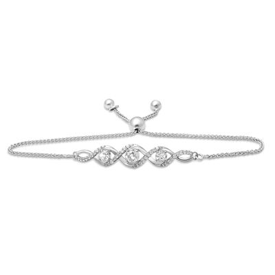 Jewelili Sterling Silver 4MM and 5mm Round Created White Sapphire Bolo Bracelet