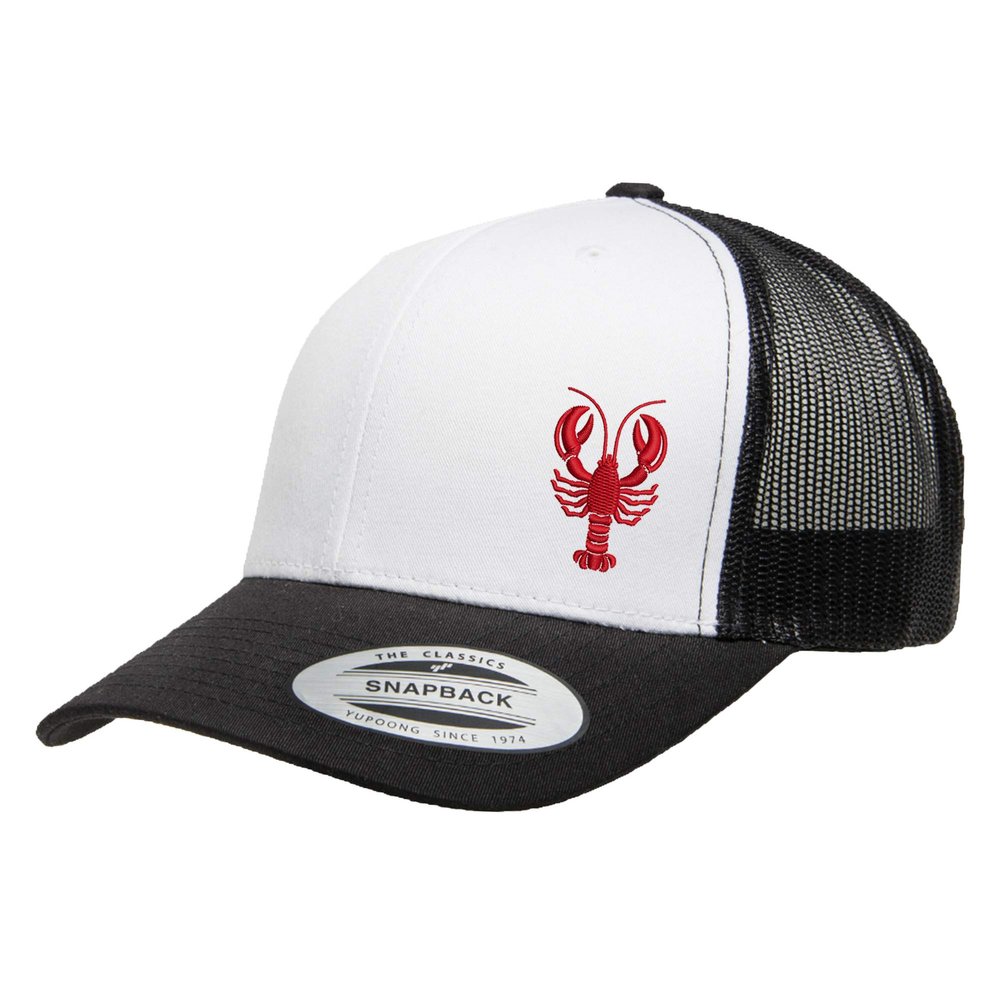 Love Sketches Embroidered Lobster Trucker Snapback Cap Mesh Back Men and Women (Black/White/Black-red)