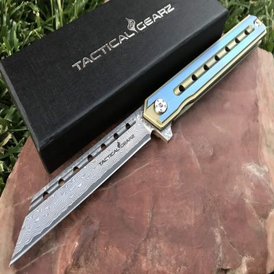 TACTICAL GEARZ Damascus Pocket Knife for EDC, Solid Titanium Handle, 67 Multi-Layered Damascus Steel VG10 Tanto Blade (Onyx XT Gold/Blue)