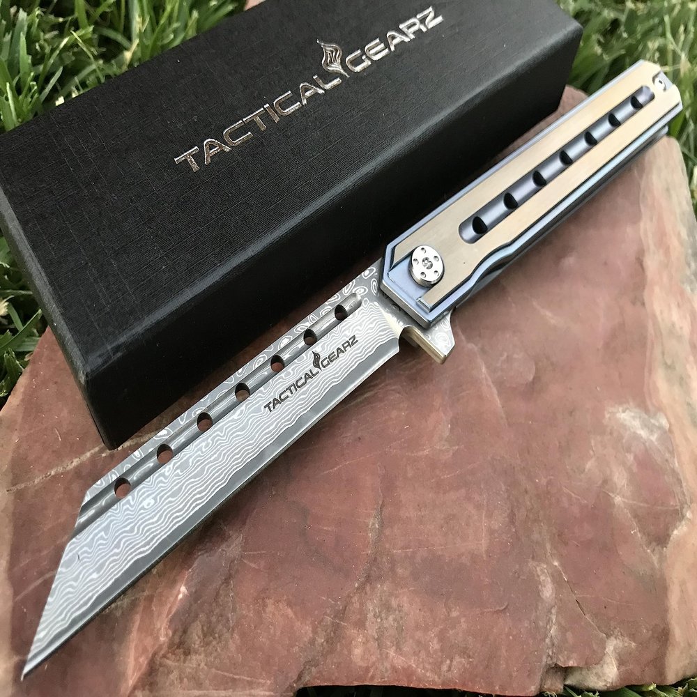 TACTICAL GEARZ Damascus Pocket Knife for EDC, Solid Titanium Handle, 67 Multi-Layered Damascus Steel VG10 Tanto Blade, Includes Sheath (Onyx XT BB)