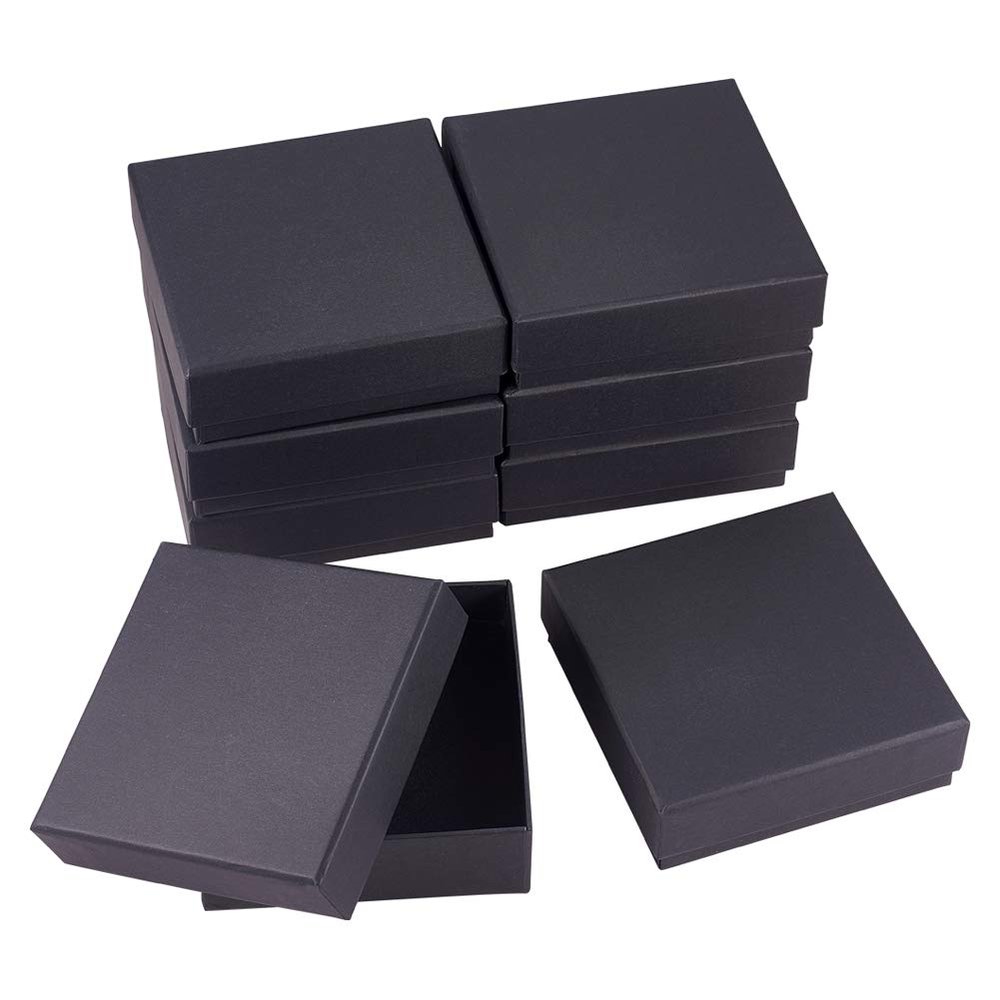 BENECREAT 8 Pack Black Cardboard Jewelry Ring Boxes 4.7x4.7x1.6 Kraft Paper Box Square Gift Box with Sponge for Bracelet Rings Storage and Display