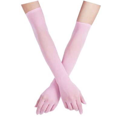 TSSOE Women Adult Sexy Mesh See Through Full Finger Long Gloves Sheer Opera Gloves Party Fancy Costume Accessory Pink Mesh One Size