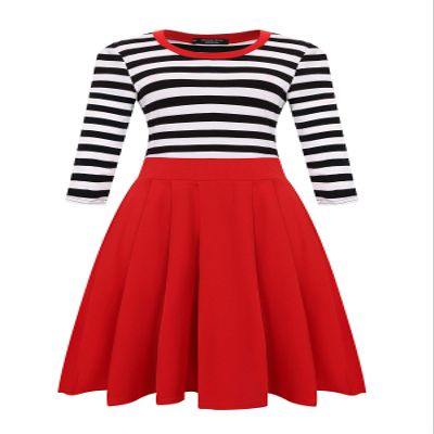 BI.TENCON Women's Long Sleeve Red and Black Strips Vintage Swing Casual Party Work Dress with Pockets Plus Size 3XL