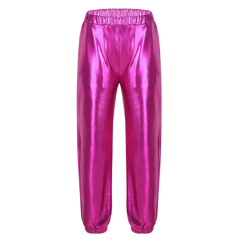 Kaerm Kids Girls Metallic Hip Hop Street Dance Leggings Trousers Workout Sports Active Jogger Pants Performance Rose_Red 10