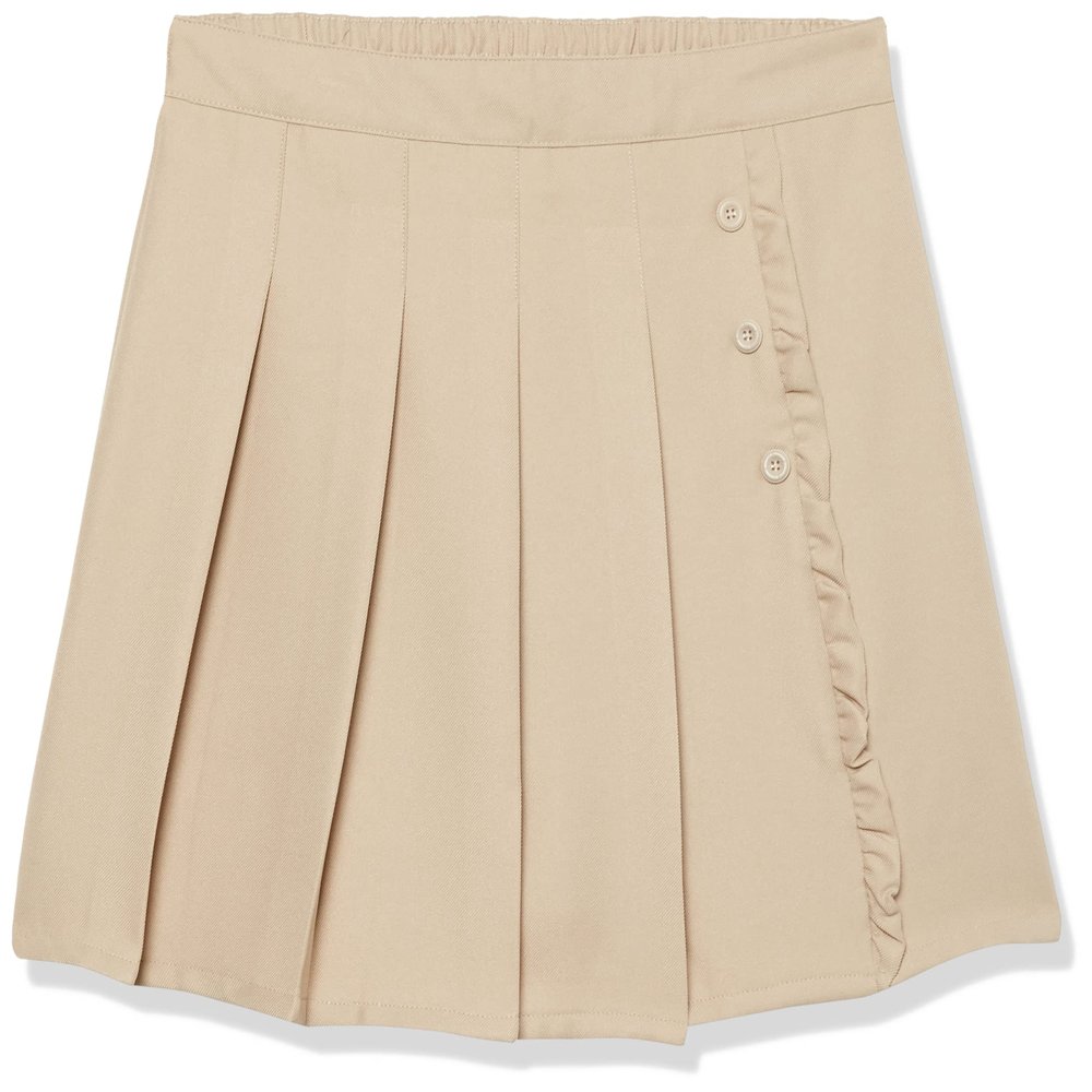 Nautica Girl's School Uniform Pleated Pull-on Scooter Skirt with Undershorts, Knit Waistband, Khaki Ruffle, 6X