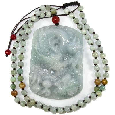 3.1" China Certified Grade A Nature Jadeite Jade Auspicious Dragon Hand Carved Necklace Pendant 2155