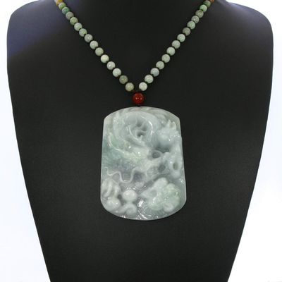 3.0" China Certified Grade A Nature Jadeite Jade Auspicious Dragon Hand Carved Necklace Pendant 2151