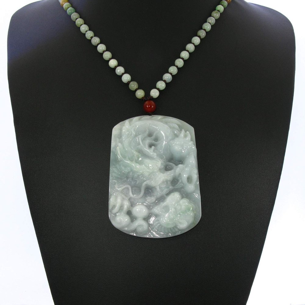 3.0" China Certified Grade A Nature Jadeite Jade Auspicious Dragon Hand Carved Necklace Pendant 2151