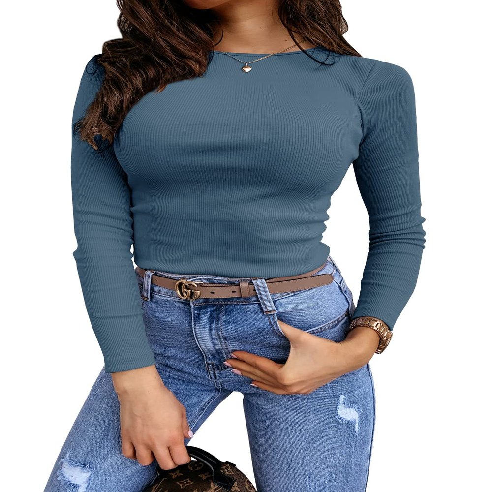 Lynwitkui Womens Long Sleeve Fitted Shirts Ribbed Knit Slim Tight Fit Basic Tees Fall Going Out Tops Blue