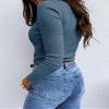 Lynwitkui Womens Long Sleeve Fitted Shirts Ribbed Knit Slim Tight Fit Basic Tees Fall Going Out Tops Blue view 2